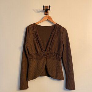 Easelle Lace Patchwork Brown Long Sleeve Button up Bohemian Blouse